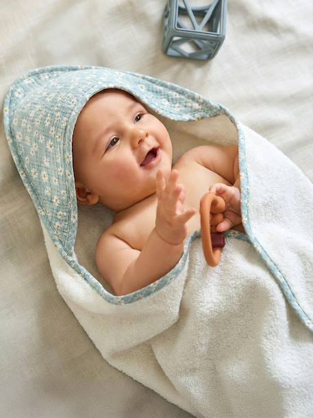 Badcape van katoengaas, personaliseerbaar, en washandje MARGUERITE blauw, bedrukt - vertbaudet enfant 