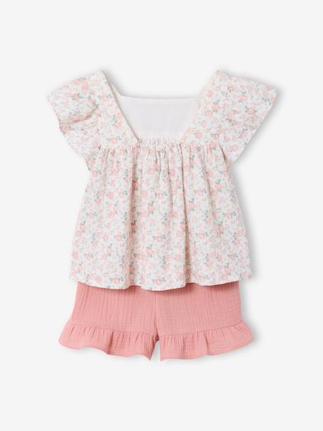 Set short hemdje van katoengaas rouge+saliegroen - vertbaudet enfant 