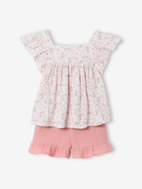 Set short hemdje van katoengaas rouge+saliegroen - vertbaudet enfant 
