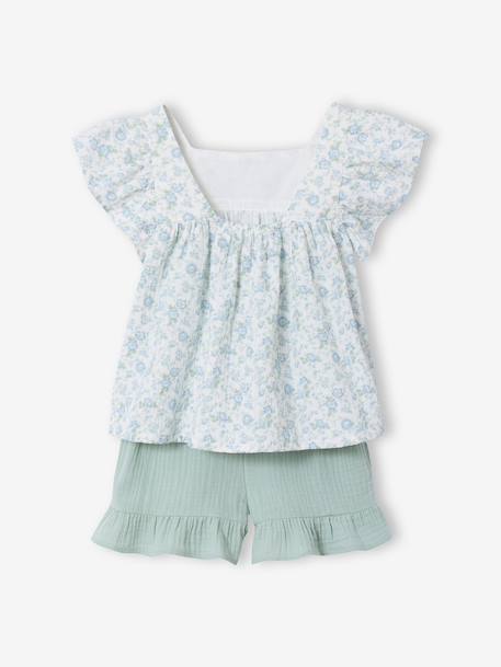Set short hemdje van katoengaas rouge+saliegroen - vertbaudet enfant 