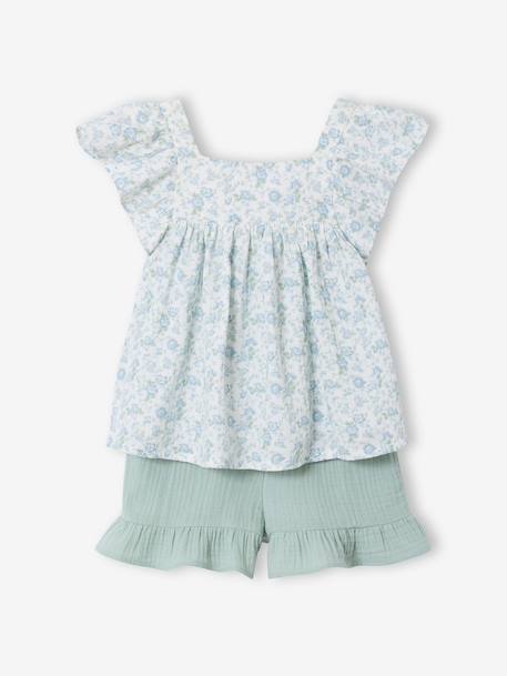 Set short hemdje van katoengaas rouge+saliegroen - vertbaudet enfant 