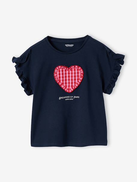 T-shirt voor meisjes met romantisch motief, korte mouwen met ruches ecru+marineblauw+rozen+saliegroen - vertbaudet enfant 