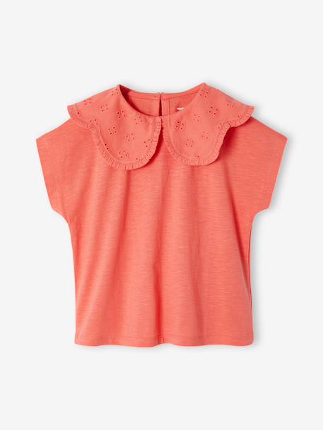 Meisjesshirt met geborduurde kraag ecru+koraal - vertbaudet enfant 