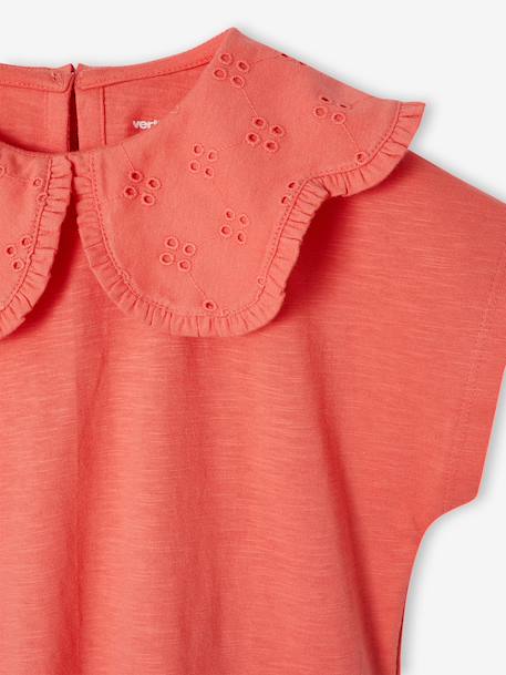 Meisjesshirt met geborduurde kraag ecru+koraal - vertbaudet enfant 