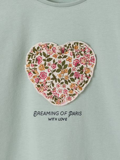 T-shirt voor meisjes met romantisch motief, korte mouwen met ruches ecru+marineblauw+rozen+saliegroen - vertbaudet enfant 