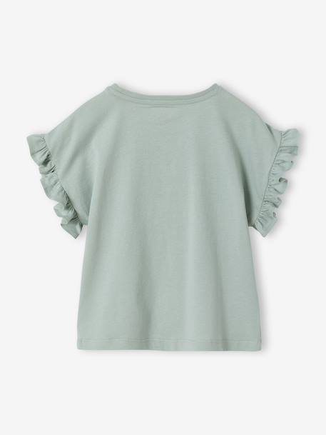 T-shirt voor meisjes met romantisch motief, korte mouwen met ruches ecru+marineblauw+rozen+saliegroen - vertbaudet enfant 