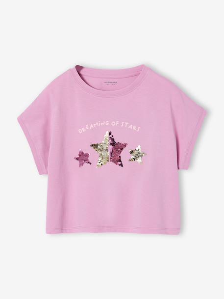 T-shirt voor meisjes met paillettenmotieven blauwgroen+ecru+lila - vertbaudet enfant 