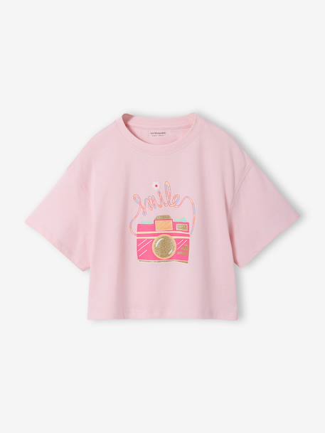 Cropped meisjesshirt met korte mouwen beige+ecru+roze (poederkleur) - vertbaudet enfant 