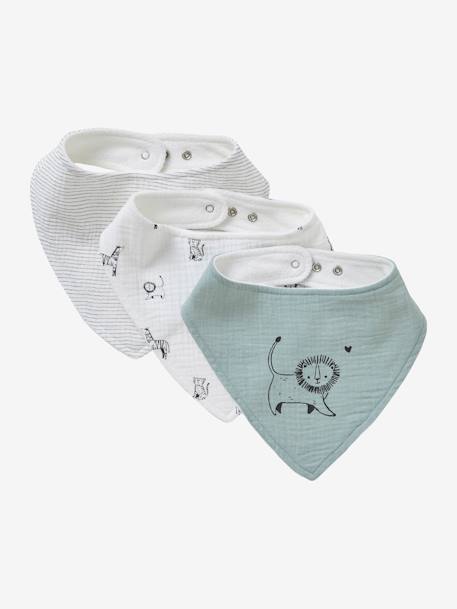 Set met 3 slabbetjes van katoengaas beige, bedrukt+ecru+grijsblauw+lichtroze+saliegroen+set groene panda+set vos+touw+veel beige+WIT - vertbaudet enfant 