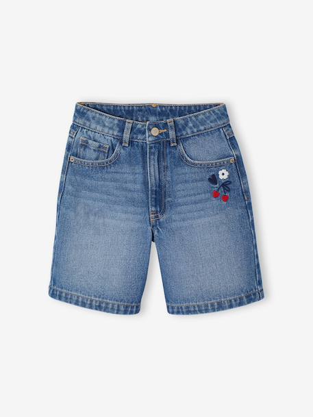 Bermuda jeans met geborduurde bloemen lichtblauw+middenblauw - vertbaudet enfant 