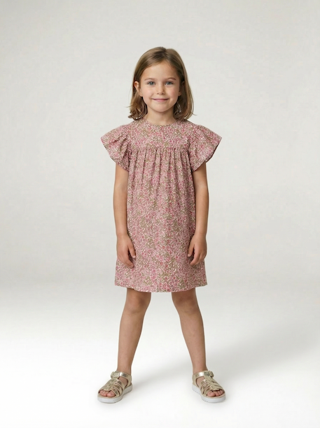Jurk met bloemenprint van katoenen gaas beige+beige, bedrukt+lichtroze+vanille - vertbaudet enfant 