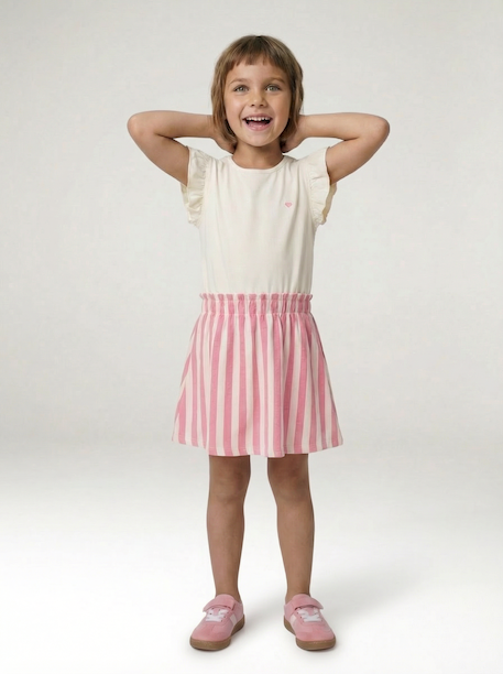 Meisjesjurk met 2-in-1 effect ecru+indigoblauw+lichtroze+roze, gestreept - vertbaudet enfant 