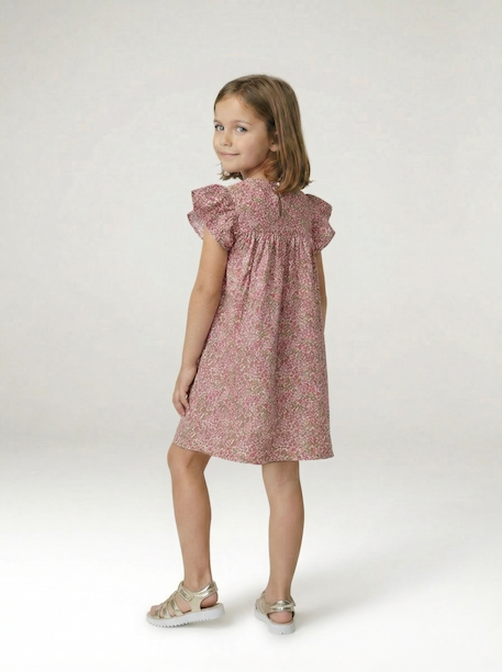 Jurk met bloemenprint van katoenen gaas beige+beige, bedrukt+lichtroze+vanille - vertbaudet enfant 