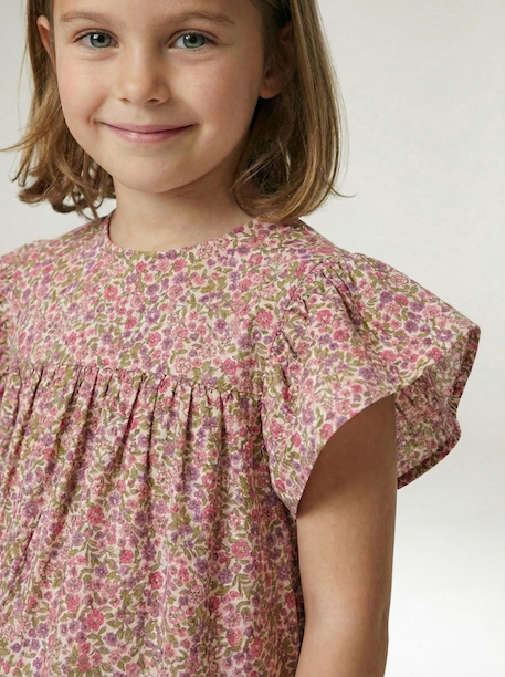 Jurk met bloemenprint van katoenen gaas beige+beige, bedrukt+lichtroze+vanille - vertbaudet enfant 