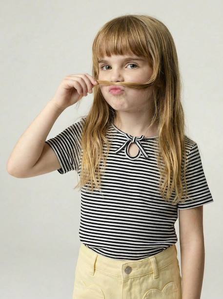 T-shirt voor meisjes met een fantasieknoop blauw, gestreept+geel - vertbaudet enfant 
