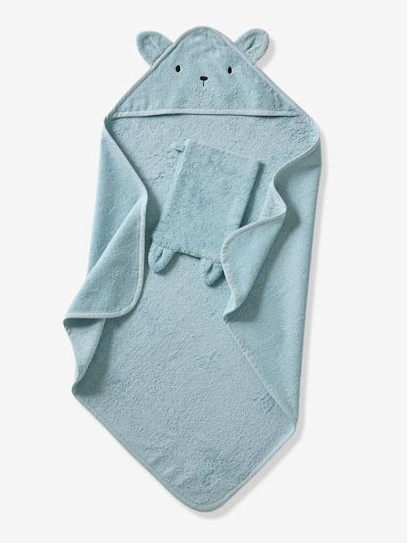 Badcape + washandje van biologisch katoen amandel+antraciet+karamel+oceaanblauw+rozen+Wit - vertbaudet enfant 