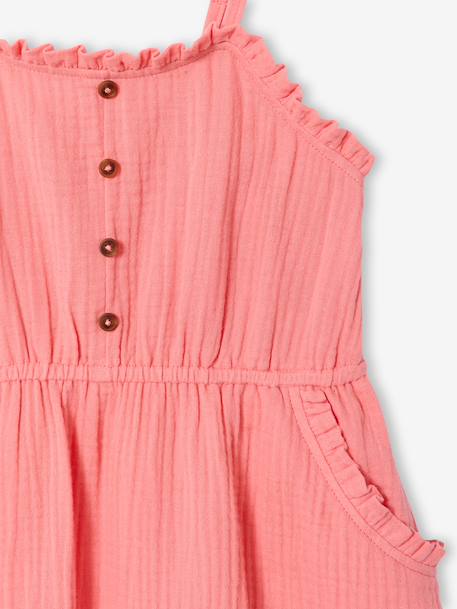 Jurkje met schouderbandjes van katoenen gaas voor meisjes beige+koraal+smaragdgroen - vertbaudet enfant 