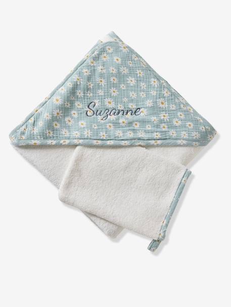 Badcape van katoengaas, personaliseerbaar, en washandje MARGUERITE blauw, bedrukt - vertbaudet enfant 