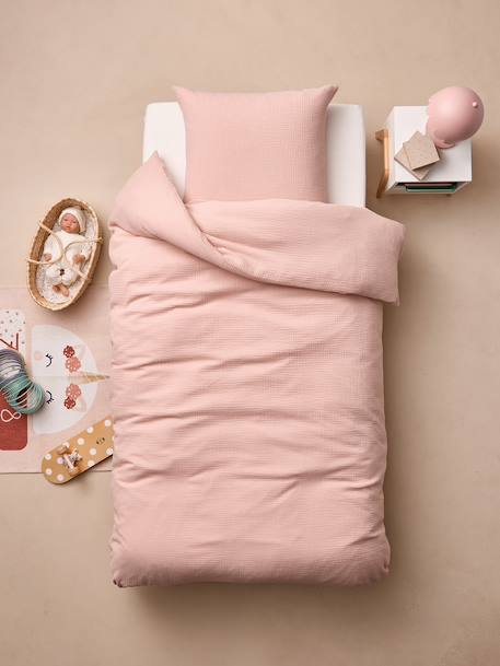Bedset dekbedovertrek en kussensloop in Ã©Ã©n kleur oudroze+saliegroen - vertbaudet enfant 