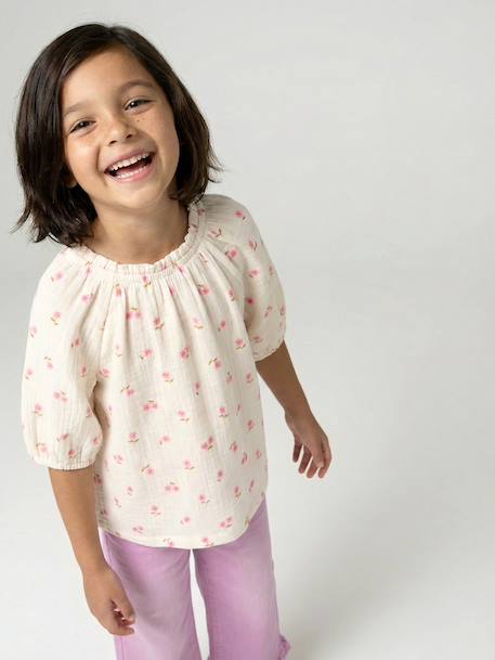 Blouse voor meisjes van katoengaas ecru+saliegroen+vanille - vertbaudet enfant 