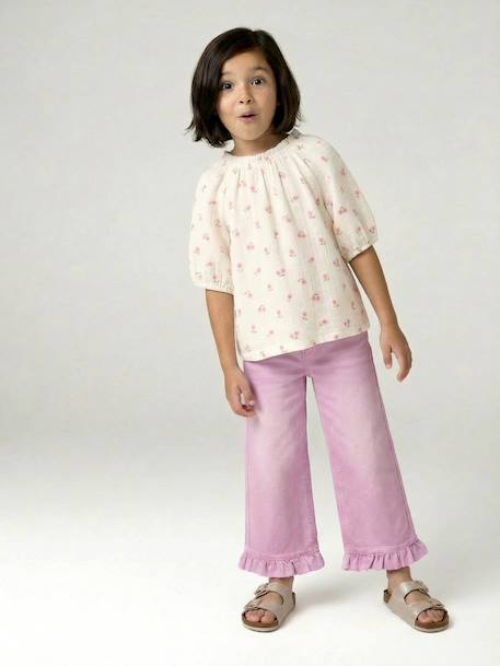 Wijde broek met ruches voor meisjes ecru+lila - vertbaudet enfant 