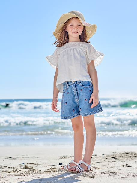 T-shirt meisjes met geborduurde details ecru+kaki+koraal - vertbaudet enfant 