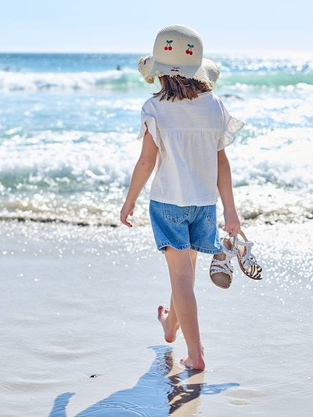 T-shirt meisjes met geborduurde details ecru+kaki+koraal - vertbaudet enfant 