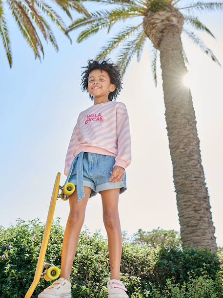 Paperbag meisjesshort van licht denim lichtblauw - vertbaudet enfant 