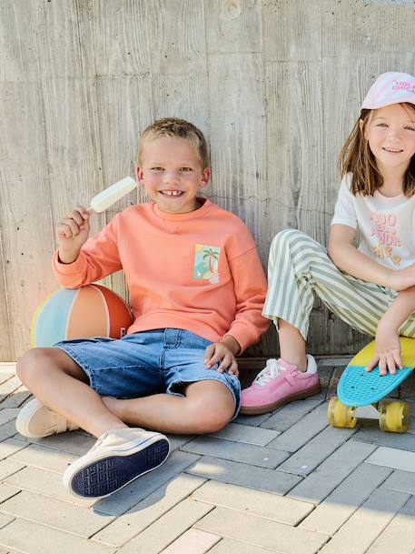 Sweater met ronde hals en lange mouwen blauwgroen+lichtgeel+mango - vertbaudet enfant 