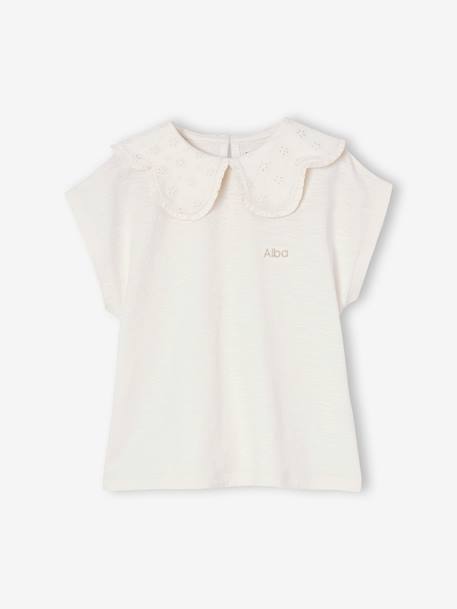 Meisjesshirt met geborduurde kraag ecru+koraal - vertbaudet enfant 