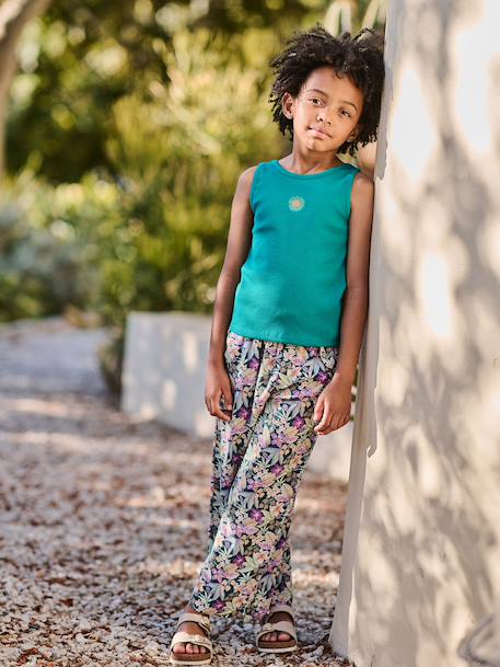 Wijde meisjesbroek met bloemenprint groen+vanille - vertbaudet enfant 
