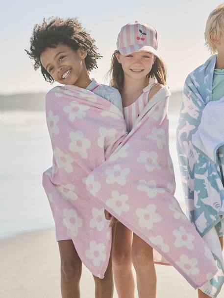 Personaliseerbare bad-/strandhanddoek, met gerecycled katoen blauw, bedrukt+blauw, gestreept+mintgroen+zachtpaars - vertbaudet enfant 