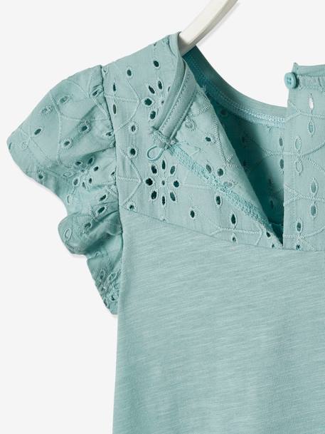 Meisjesshirt van Engels borduurwerk en mouwen met stroken WIT+ZACHTGROEN - vertbaudet enfant 