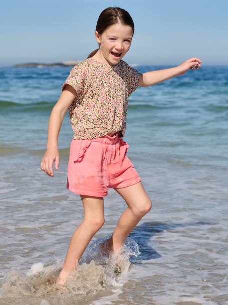 Blouse met korte mouwen amandelgroen+wit, bedrukt - vertbaudet enfant 