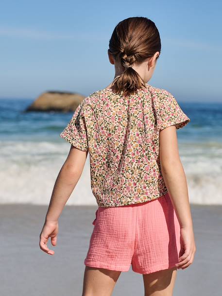 Blouse met korte mouwen amandelgroen+wit, bedrukt - vertbaudet enfant 