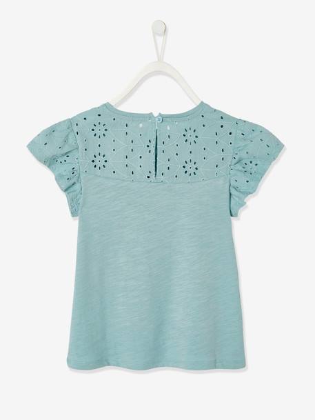 Meisjesshirt van Engels borduurwerk en mouwen met stroken WIT+ZACHTGROEN - vertbaudet enfant 