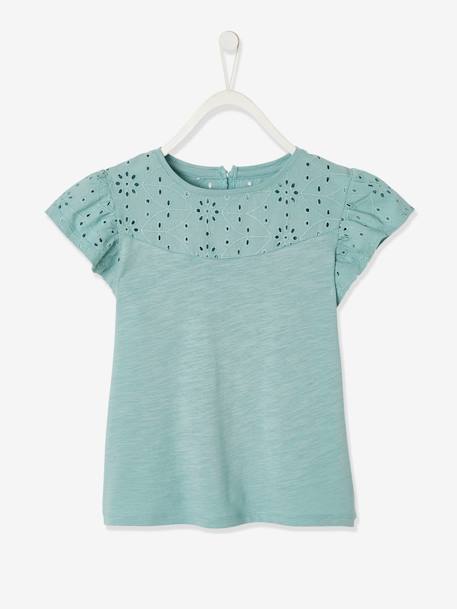 Meisjesshirt van Engels borduurwerk en mouwen met stroken WIT+ZACHTGROEN - vertbaudet enfant 