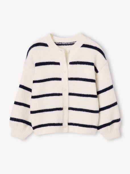 Gebreid meisjesvest met lange mouwen ecru+lavendel+saliegroen - vertbaudet enfant 