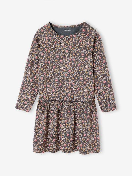 Meisjesjurk met print antraciet+beige (poederkleur)+rozen - vertbaudet enfant 