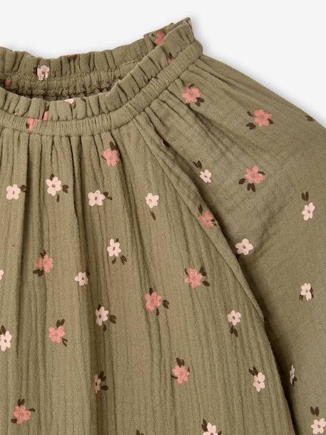 Korte meisjesjurk van mousseline ecru+kaki - vertbaudet enfant 