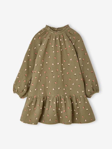Korte meisjesjurk van mousseline ecru+kaki - vertbaudet enfant 