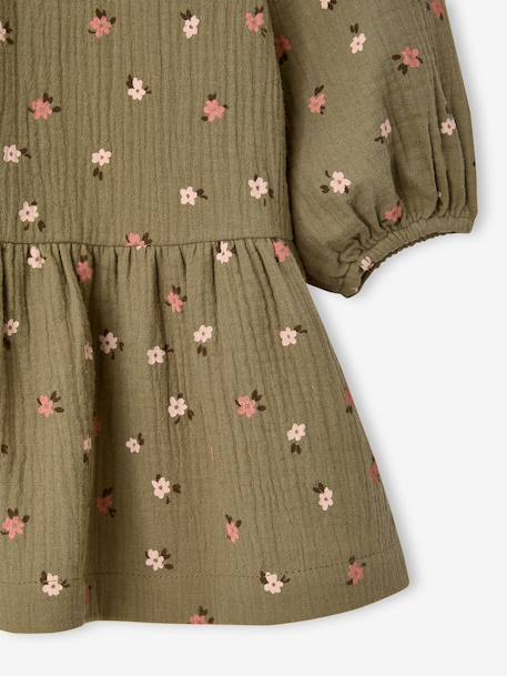 Korte meisjesjurk van mousseline ecru+kaki - vertbaudet enfant 