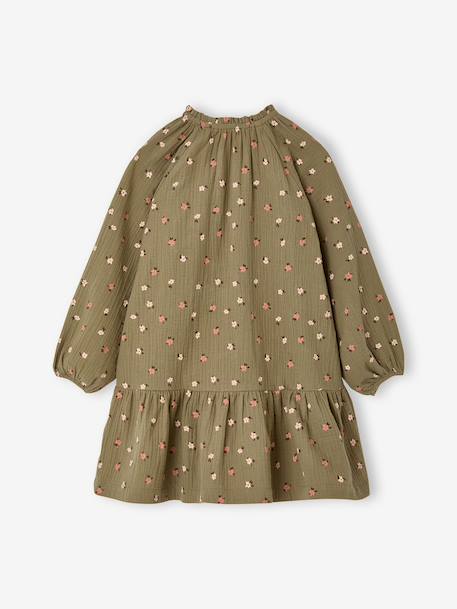 Korte meisjesjurk van mousseline ecru+kaki - vertbaudet enfant 