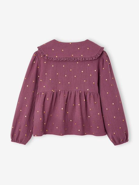 Meisjesblouse van katoenen gaas met kraag met Engels borduurwerk ecru+pruim - vertbaudet enfant 