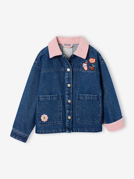 Denim meisjesjas met ribkraag middenblauw - vertbaudet enfant 