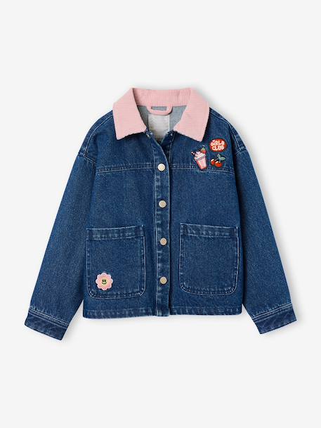 Denim meisjesjas met ribkraag middenblauw - vertbaudet enfant 