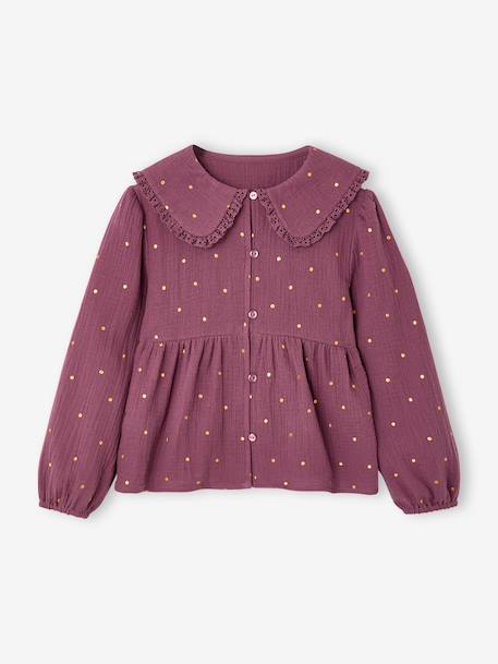 Meisjesblouse van katoenen gaas met kraag met Engels borduurwerk ecru+pruim - vertbaudet enfant 