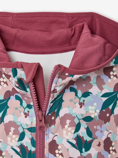 Sport sweatshirt met rits en bloemenprint in technisch materiaal antraciet+ecru+groen, bedrukt+oudroze - vertbaudet enfant 