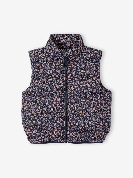 Mouwloos donsjack met bloemenmotieven voor meisjes marineblauw+roze, bedrukt - vertbaudet enfant 