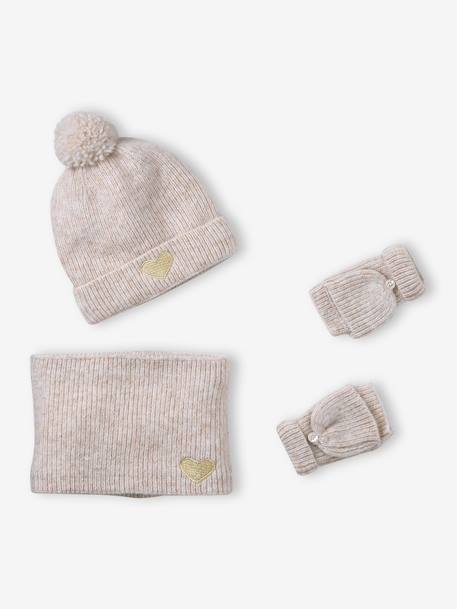 Meisjes set muts « C½ur » + snood + wanten/handschoenen ecru+marineblauw - vertbaudet enfant 